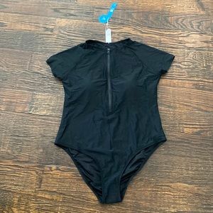 Black Short Sleeve Zip Front One Piece NWT